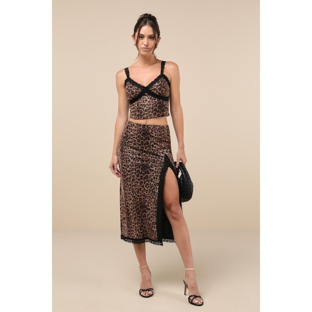 Lulus Fierce Attitude Tan Leopard Print Mesh Lace High-rise Midi Skirt Brown